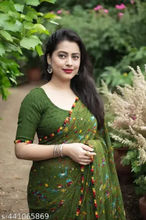 Womens Daily Wear Warli Printed Pure Georgette Saree With Attractive Lace Border