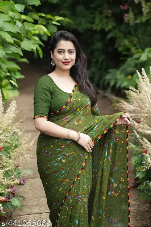 Womens Daily Wear Warli Printed Pure Georgette Saree With Attractive Lace Border
