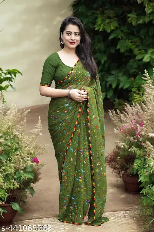 Womens Daily Wear Warli Printed Pure Georgette Saree With Attractive Lace Border