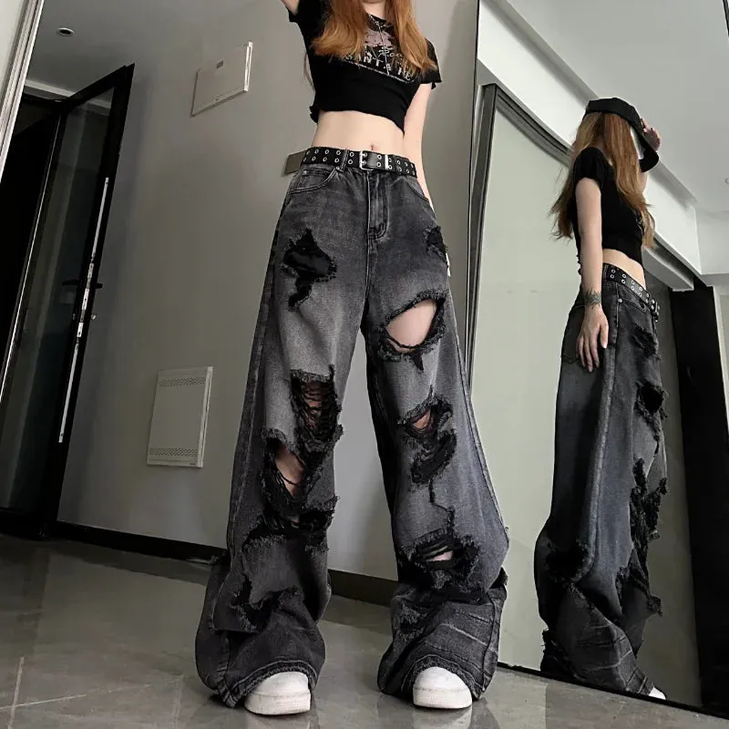 Women's Distressed Wide-Leg Ripped Jeans – High-Waist Loose Baggy Pants