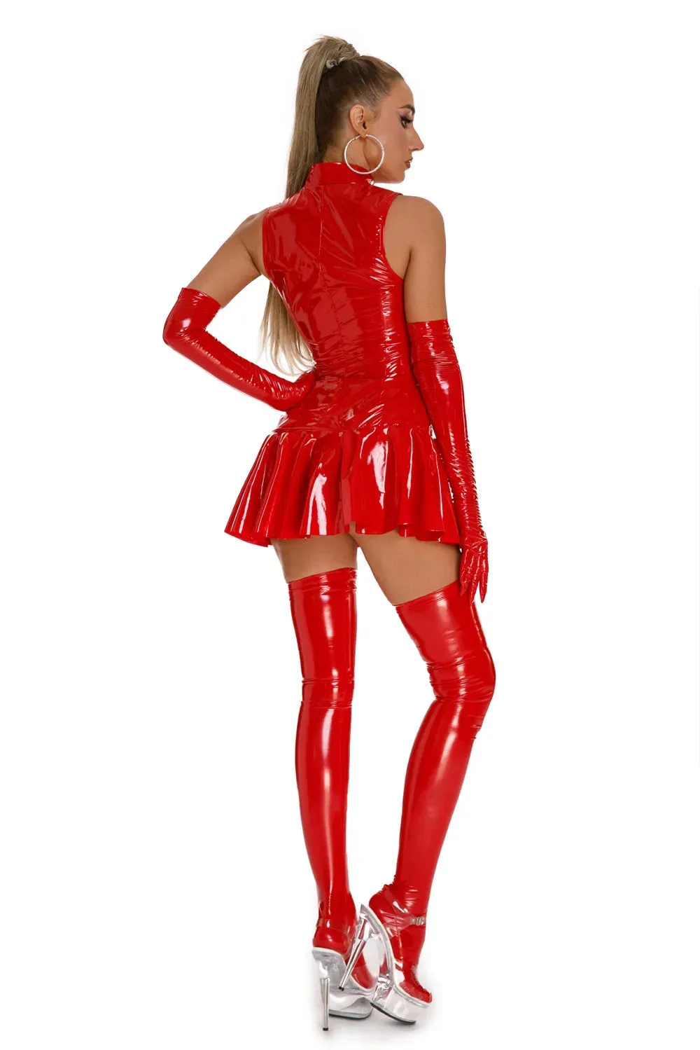 Women's Faux PVC Leather Dress Wet Look Sexy Bodycon Vinyl Latex Sleeveless Mini Dress with Gloves & Stockings