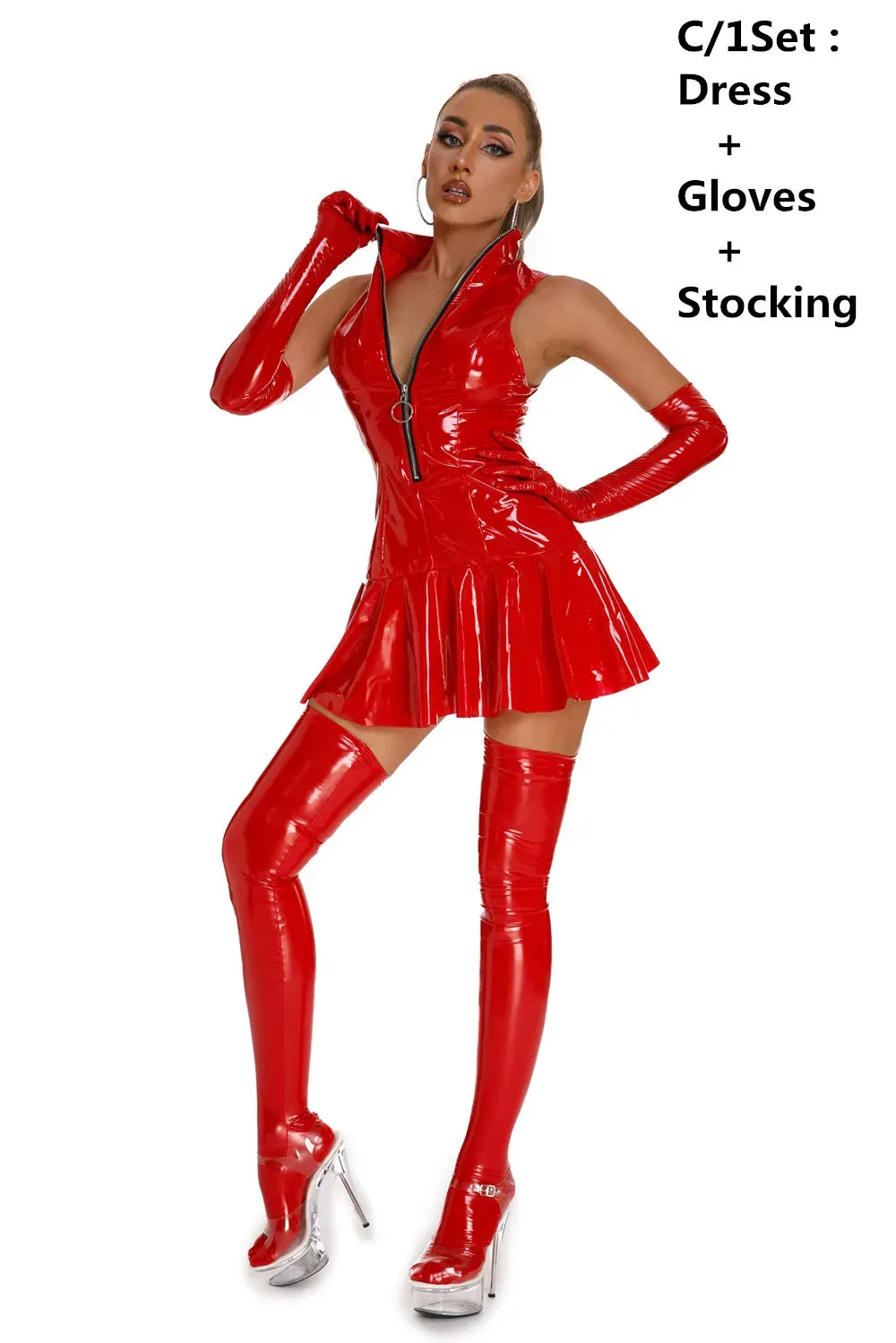 Women's Faux PVC Leather Dress Wet Look Sexy Bodycon Vinyl Latex Sleeveless Mini Dress with Gloves & Stockings