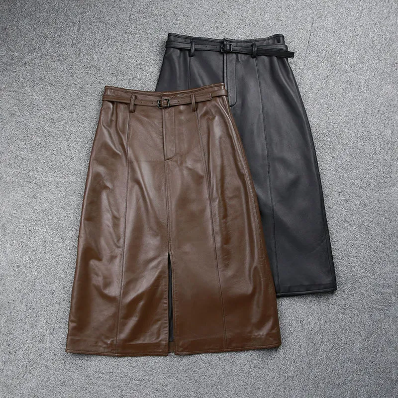 Women's Genuine Leather Sheepskin Skirt Solid Belt High Waist Slit Design Dress 2022 Autumn Winter New TF4717