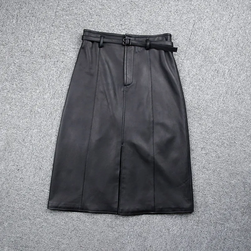 Women's Genuine Leather Sheepskin Skirt Solid Belt High Waist Slit Design Dress 2022 Autumn Winter New TF4717