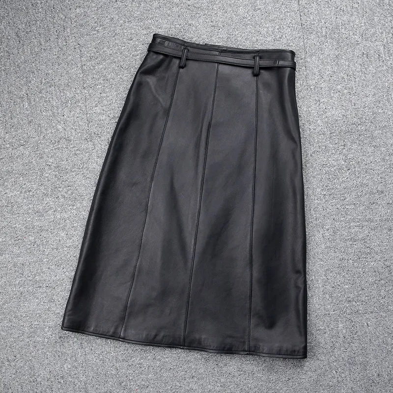 Women's Genuine Leather Sheepskin Skirt Solid Belt High Waist Slit Design Dress 2022 Autumn Winter New TF4717