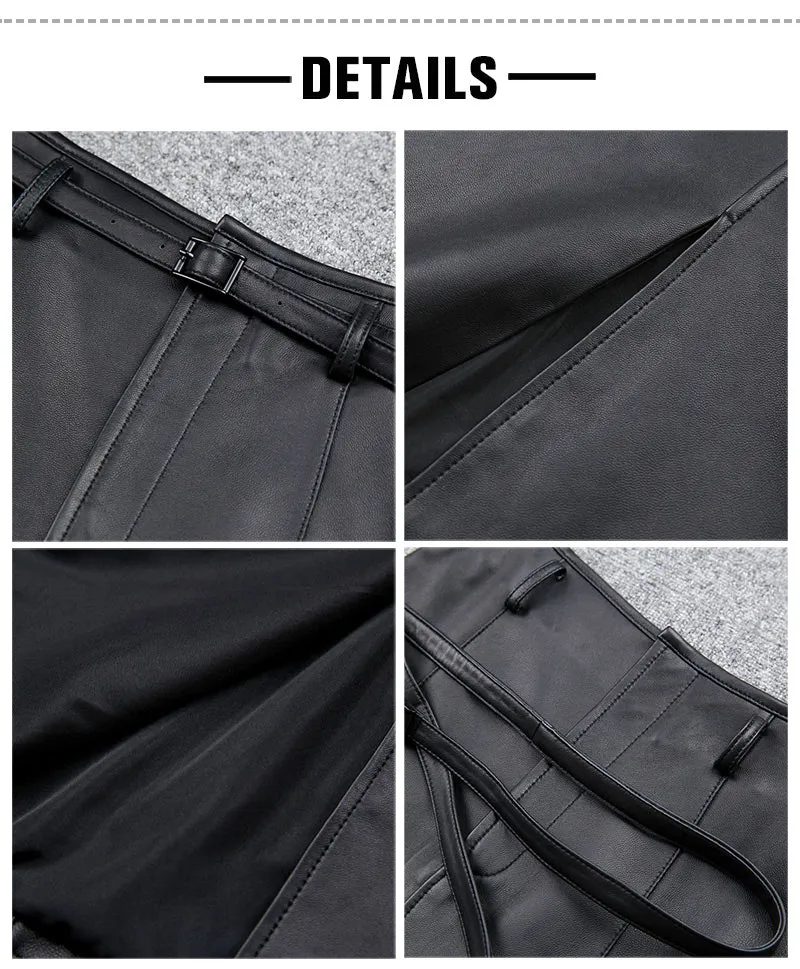 Women's Genuine Leather Sheepskin Skirt Solid Belt High Waist Slit Design Dress 2022 Autumn Winter New TF4717