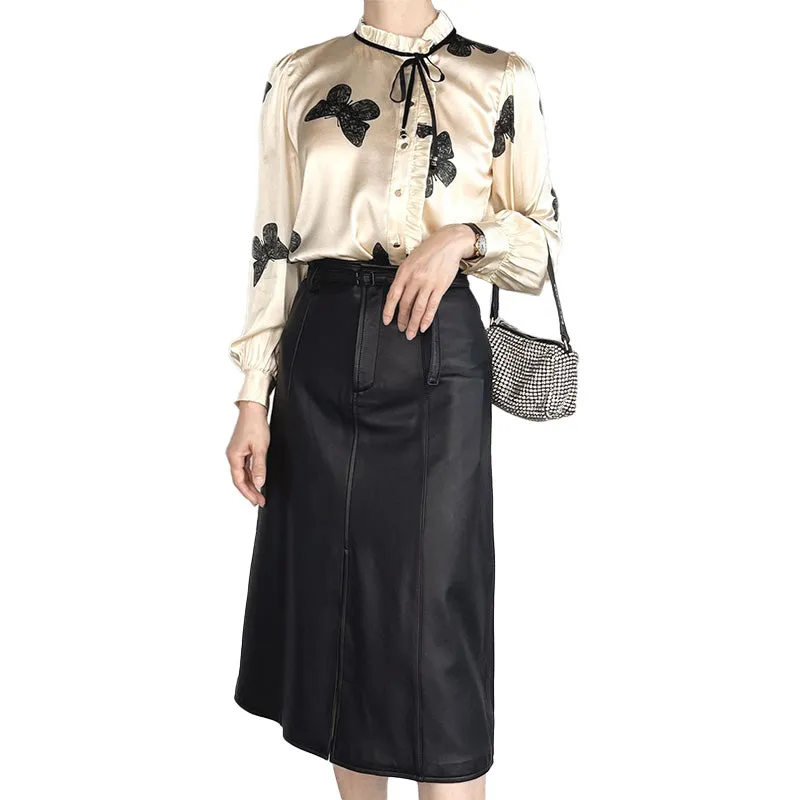 Women's Genuine Leather Sheepskin Skirt Solid Belt High Waist Slit Design Dress 2022 Autumn Winter New TF4717