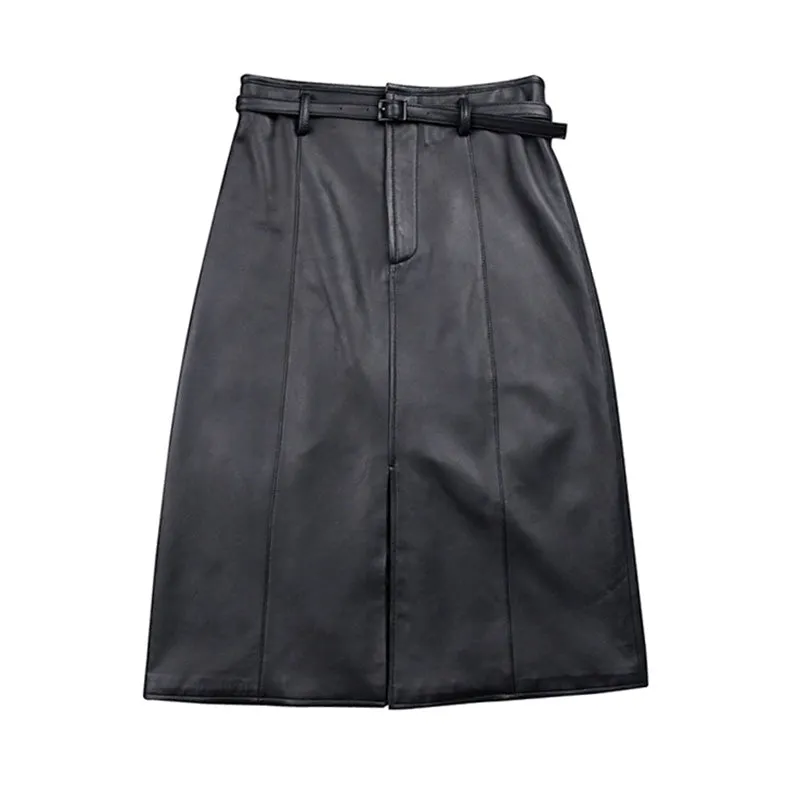 Women's Genuine Leather Sheepskin Skirt Solid Belt High Waist Slit Design Dress 2022 Autumn Winter New TF4717