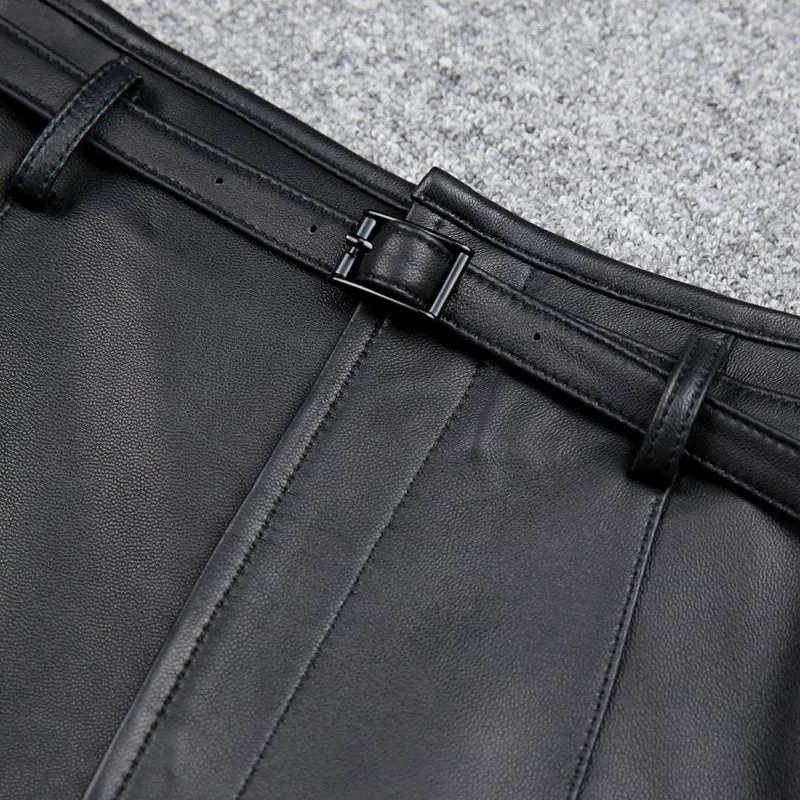 Women's Genuine Leather Sheepskin Skirt Solid Belt High Waist Slit Design Dress 2022 Autumn Winter New TF4717