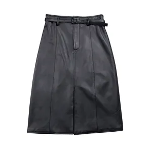 Women's Genuine Leather Sheepskin Skirt Solid Belt High Waist Slit Design Dress 2022 Autumn Winter New TF4717