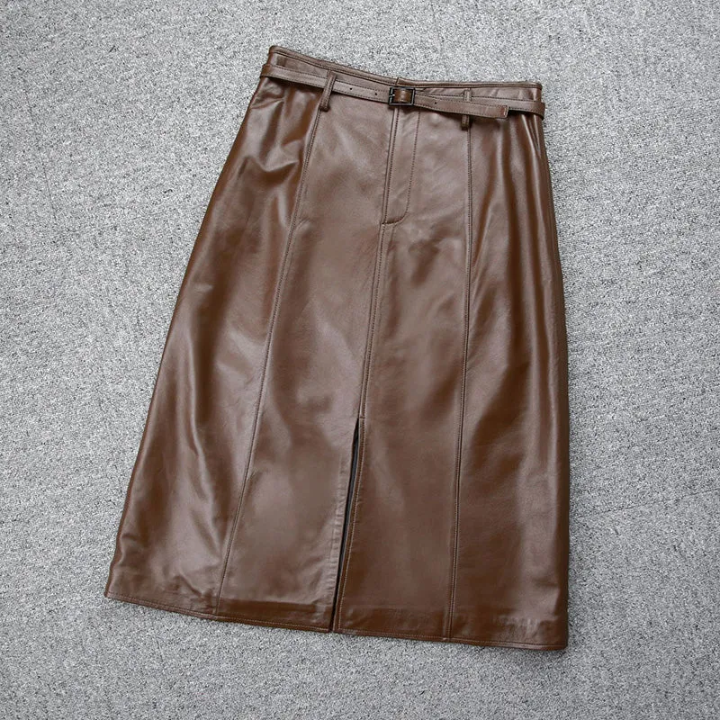 Women's Genuine Leather Sheepskin Skirt Solid Belt High Waist Slit Design Dress 2022 Autumn Winter New TF4717
