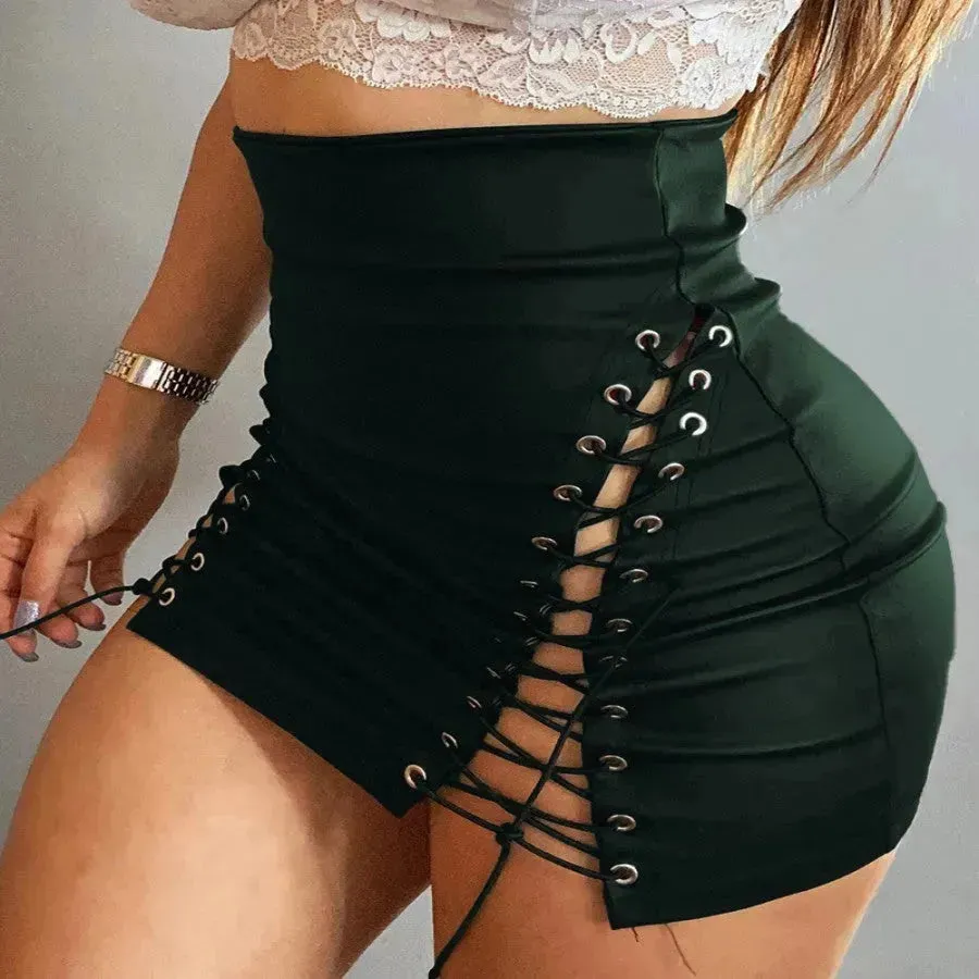 Women's High Waist Side Lace-up Tight Leather Mini Skirt