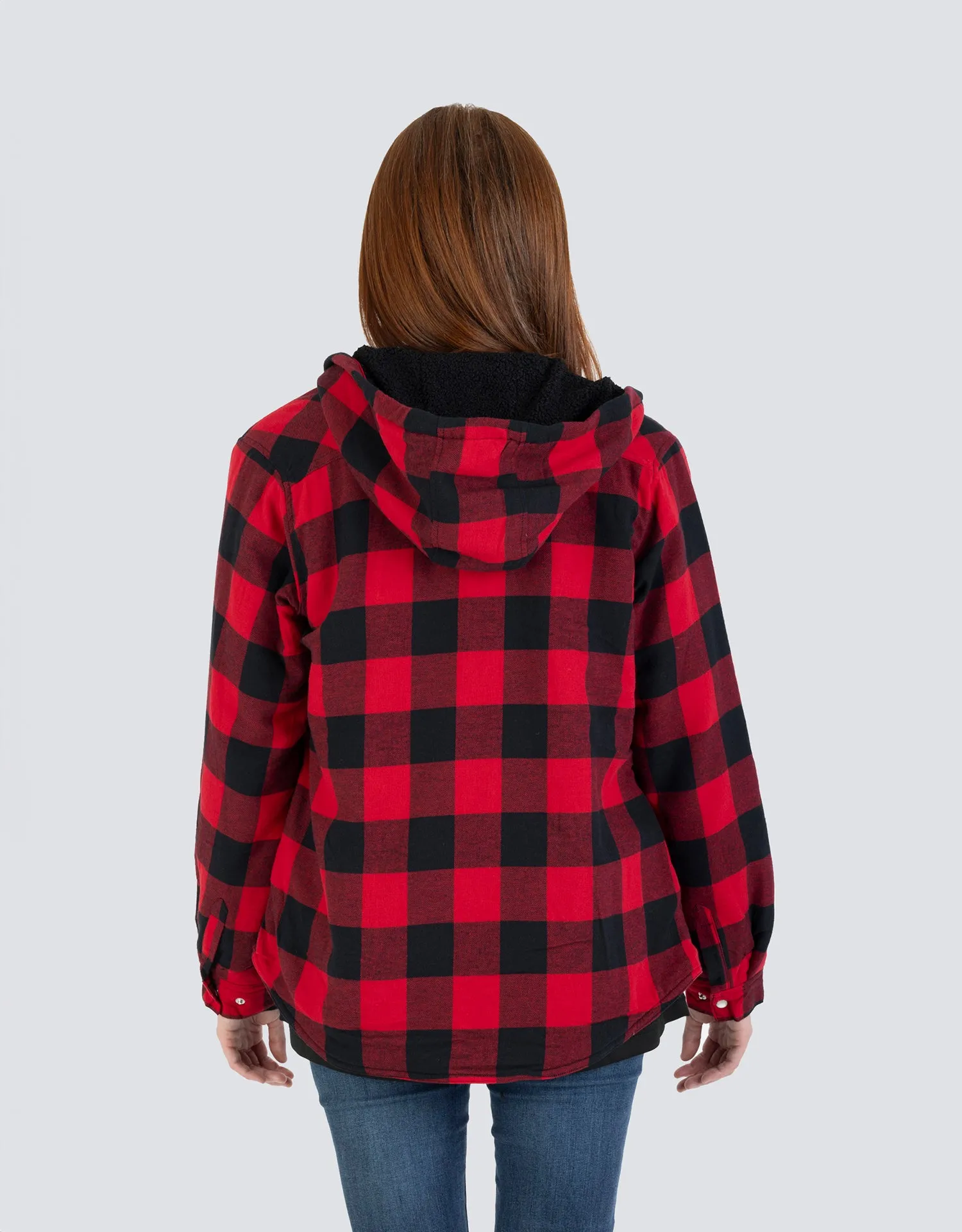 Women's Hooded Sherpa-Lined Buffalo Plaid Flannel Shirt jacket
