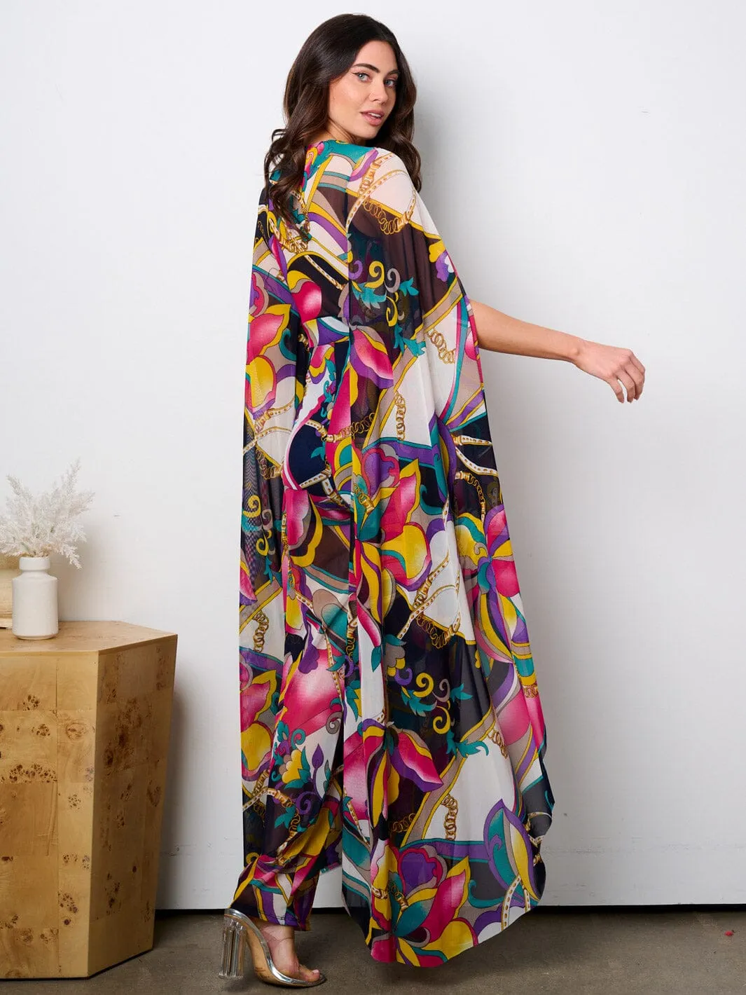 WOMEN'S LONG BELL SLEEVE V-NECK WIDE LEG MULTI PRINT JUMPSUIT