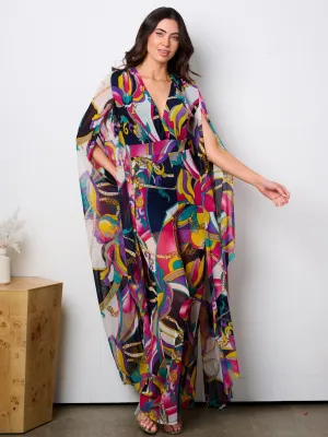 WOMEN'S LONG BELL SLEEVE V-NECK WIDE LEG MULTI PRINT JUMPSUIT