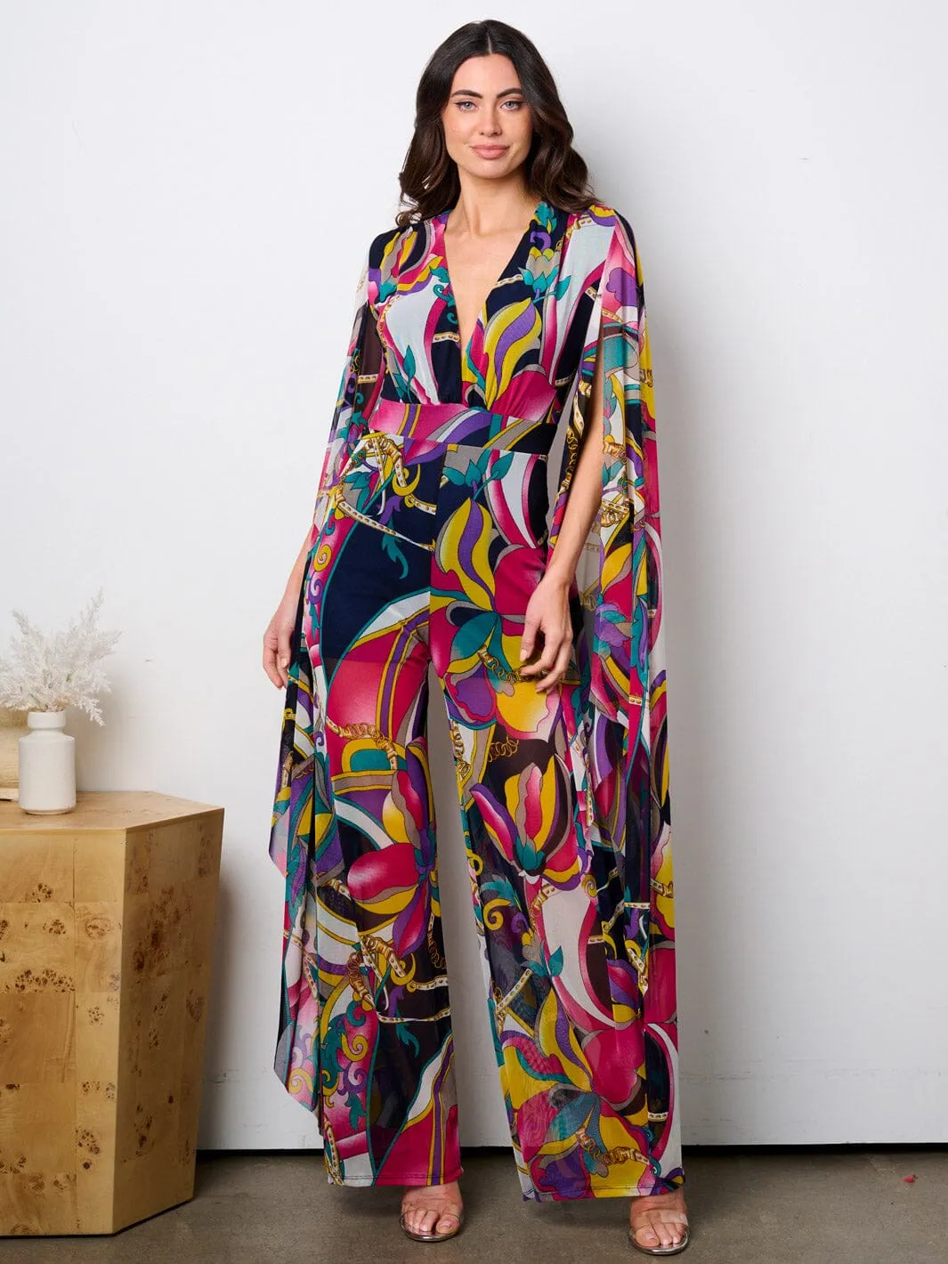 WOMEN'S LONG BELL SLEEVE V-NECK WIDE LEG MULTI PRINT JUMPSUIT