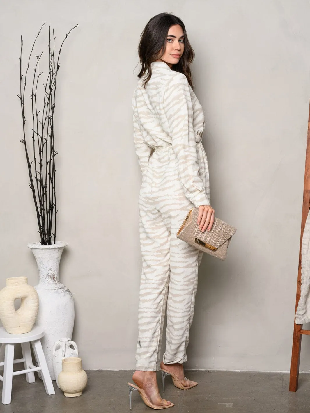 WOMEN'S LONG SLEEVE BUTTON UP PRINTED JUMPSUIT