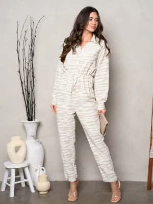 WOMEN'S LONG SLEEVE BUTTON UP PRINTED JUMPSUIT