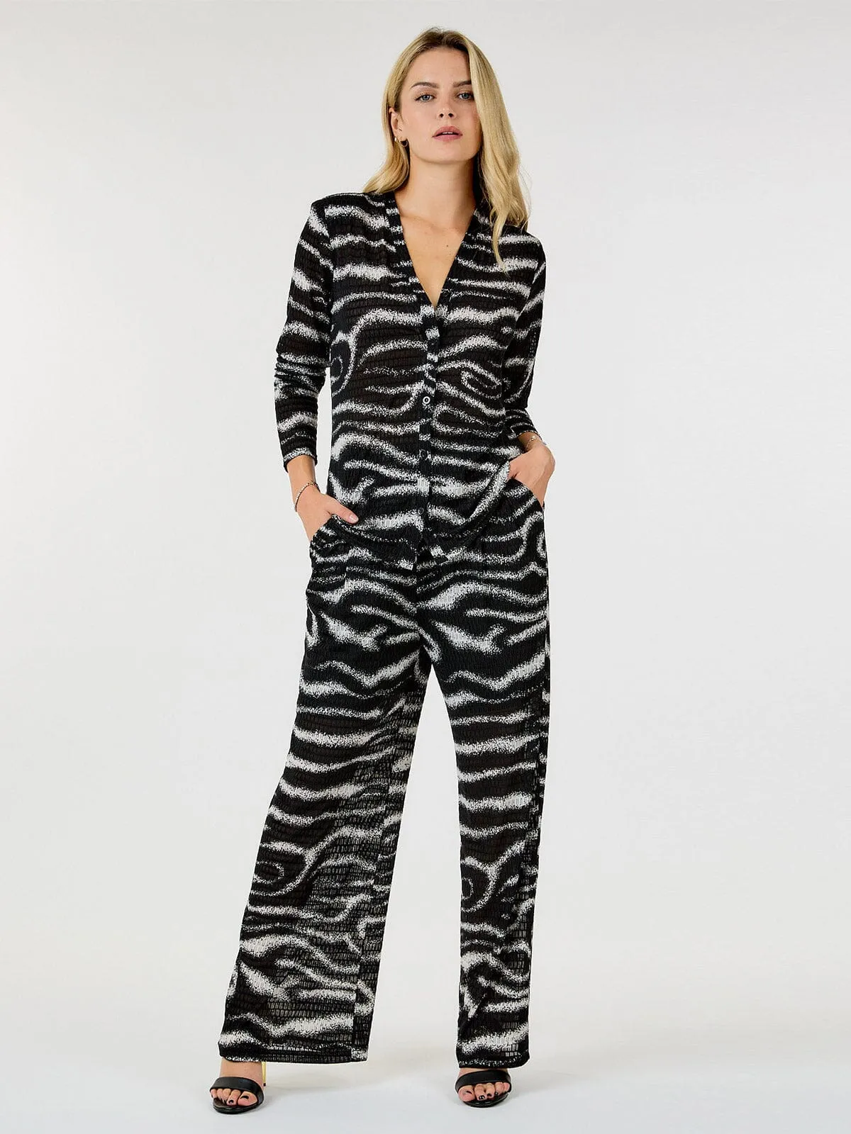 WOMEN'S LONG SLEEVE BUTTON UP TOP & ELASTIC WAIST PANTS ZEBRA PRINT 2PC.SET