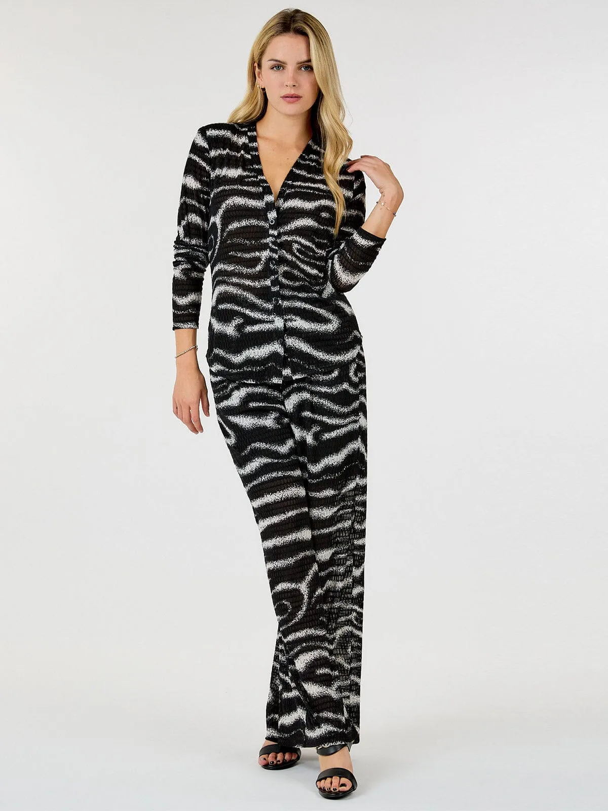 WOMEN'S LONG SLEEVE BUTTON UP TOP & ELASTIC WAIST PANTS ZEBRA PRINT 2PC.SET