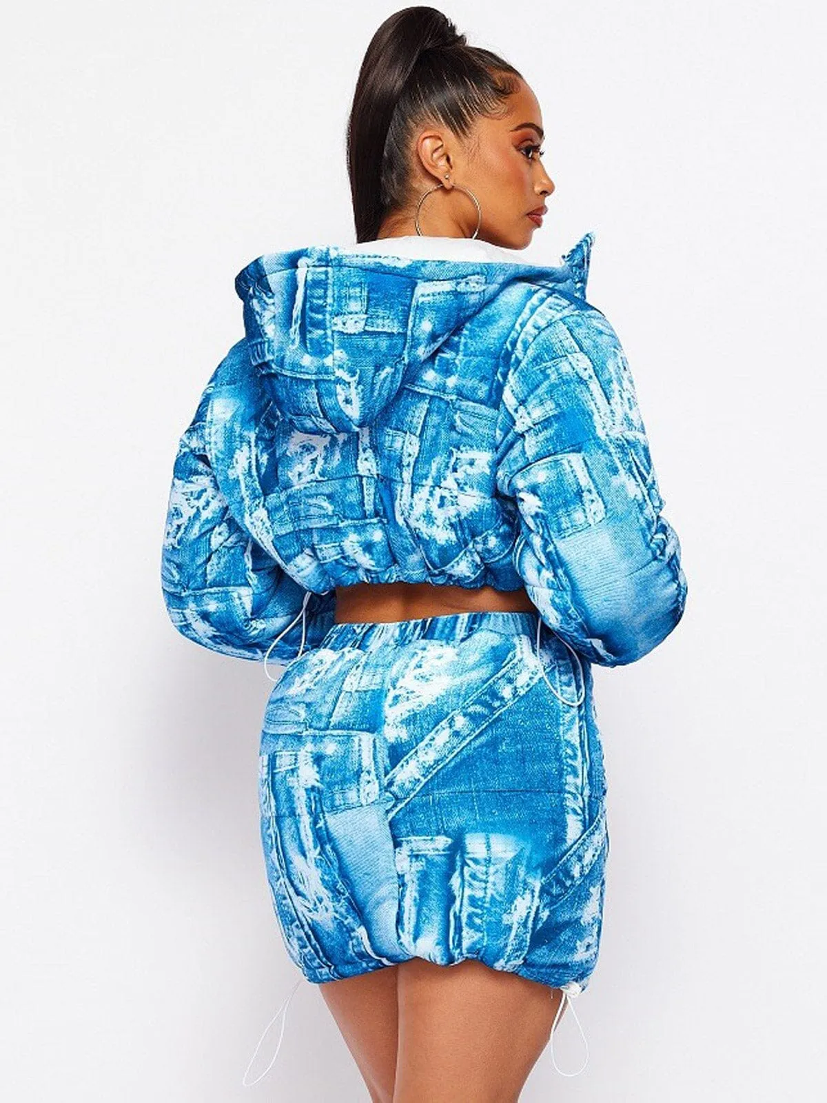 WOMEN'S LONG SLEEVE CROP JACKET & ELASTIC WAIST MINI SKIRT PUFFER PRINTED 2PC SET