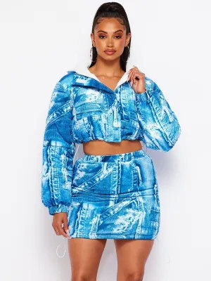 WOMEN'S LONG SLEEVE CROP JACKET & ELASTIC WAIST MINI SKIRT PUFFER PRINTED 2PC SET