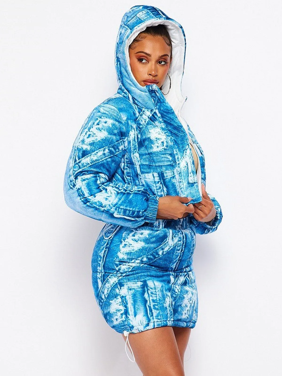 WOMEN'S LONG SLEEVE CROP JACKET & ELASTIC WAIST MINI SKIRT PUFFER PRINTED 2PC SET