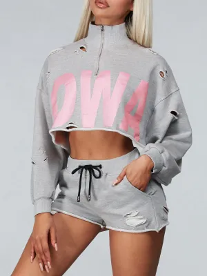 WOMEN'S LONG SLEEVE CROP TOP & ELASTIC WAIST SHORTS GRAPHIC DISTRESS 2PC. SET