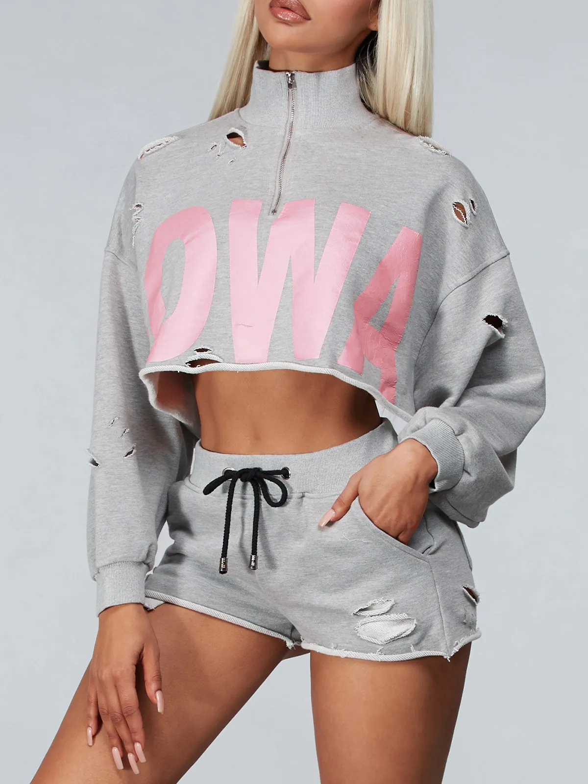 WOMEN'S LONG SLEEVE CROP TOP & ELASTIC WAIST SHORTS GRAPHIC DISTRESS 2PC. SET