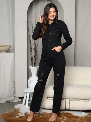 WOMEN'S LONG SLEEVE DISTRESSED DENIM POCKETS JUMPSUIT