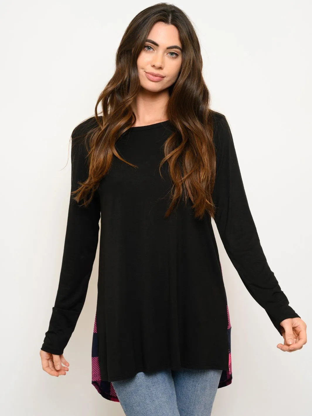 WOMEN'S LONG SLEEVE PLAID BACK TUNIC TOP