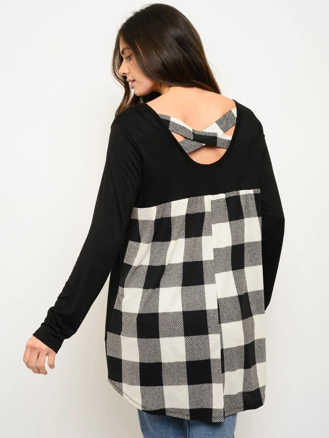 WOMEN'S LONG SLEEVE PLAID BACK TUNIC TOP