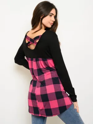 WOMEN'S LONG SLEEVE PLAID BACK TUNIC TOP