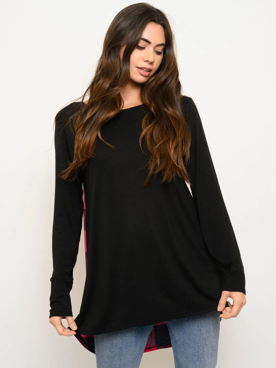 WOMEN'S LONG SLEEVE PLAID BACK TUNIC TOP