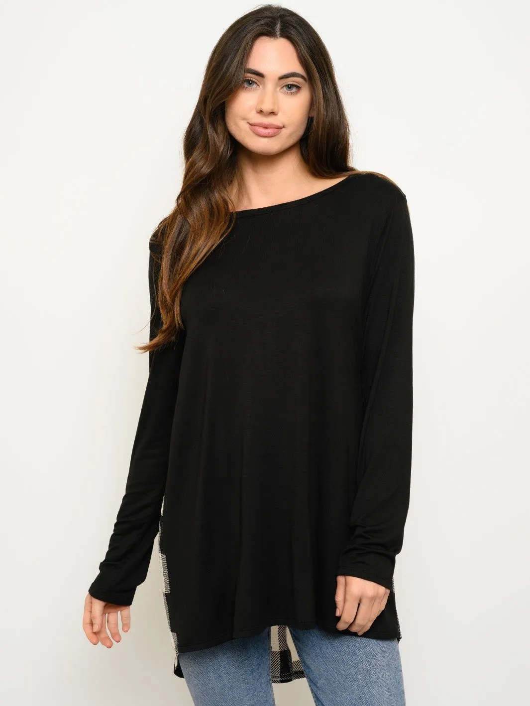 WOMEN'S LONG SLEEVE PLAID BACK TUNIC TOP