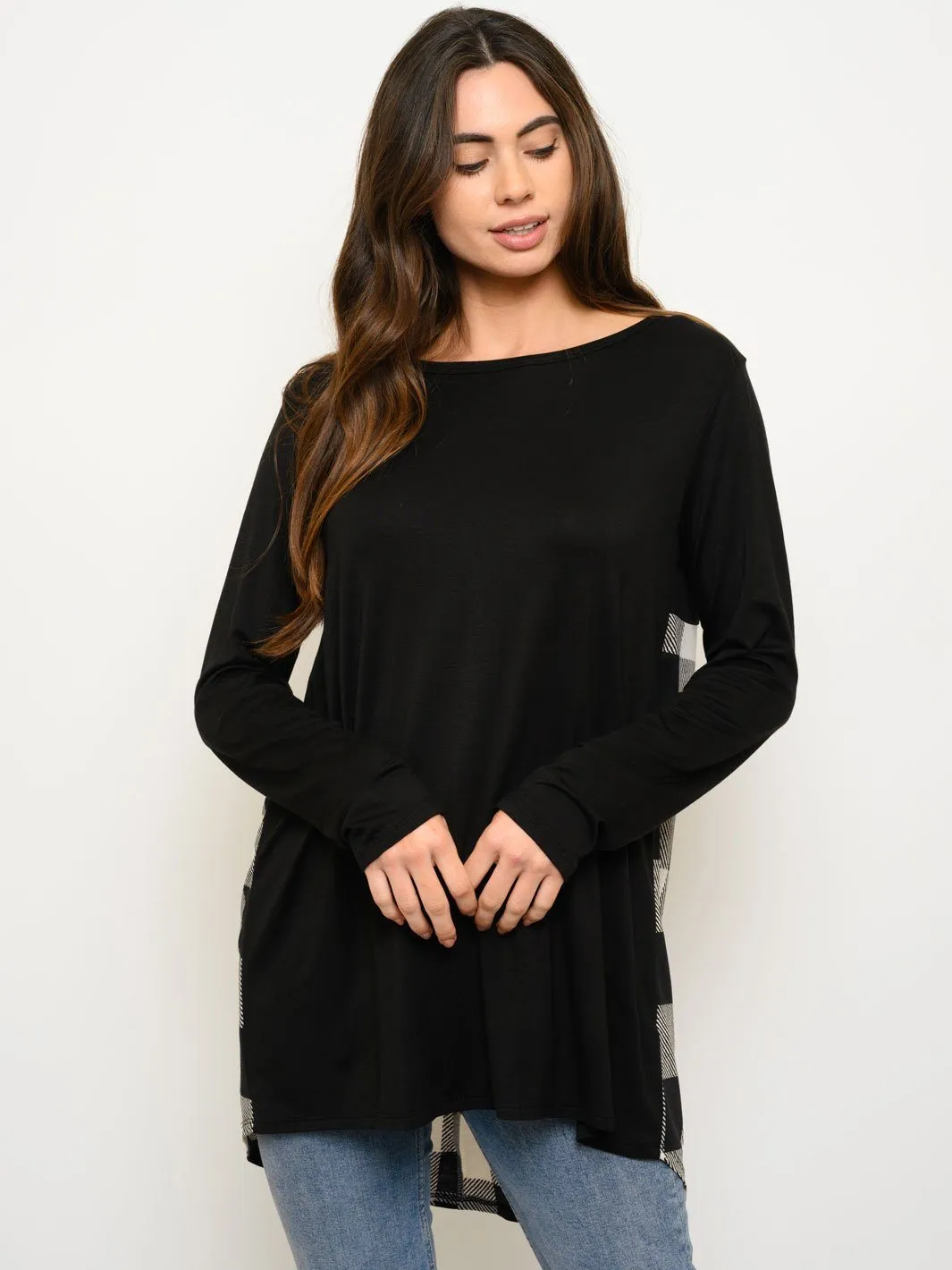 WOMEN'S LONG SLEEVE PLAID BACK TUNIC TOP
