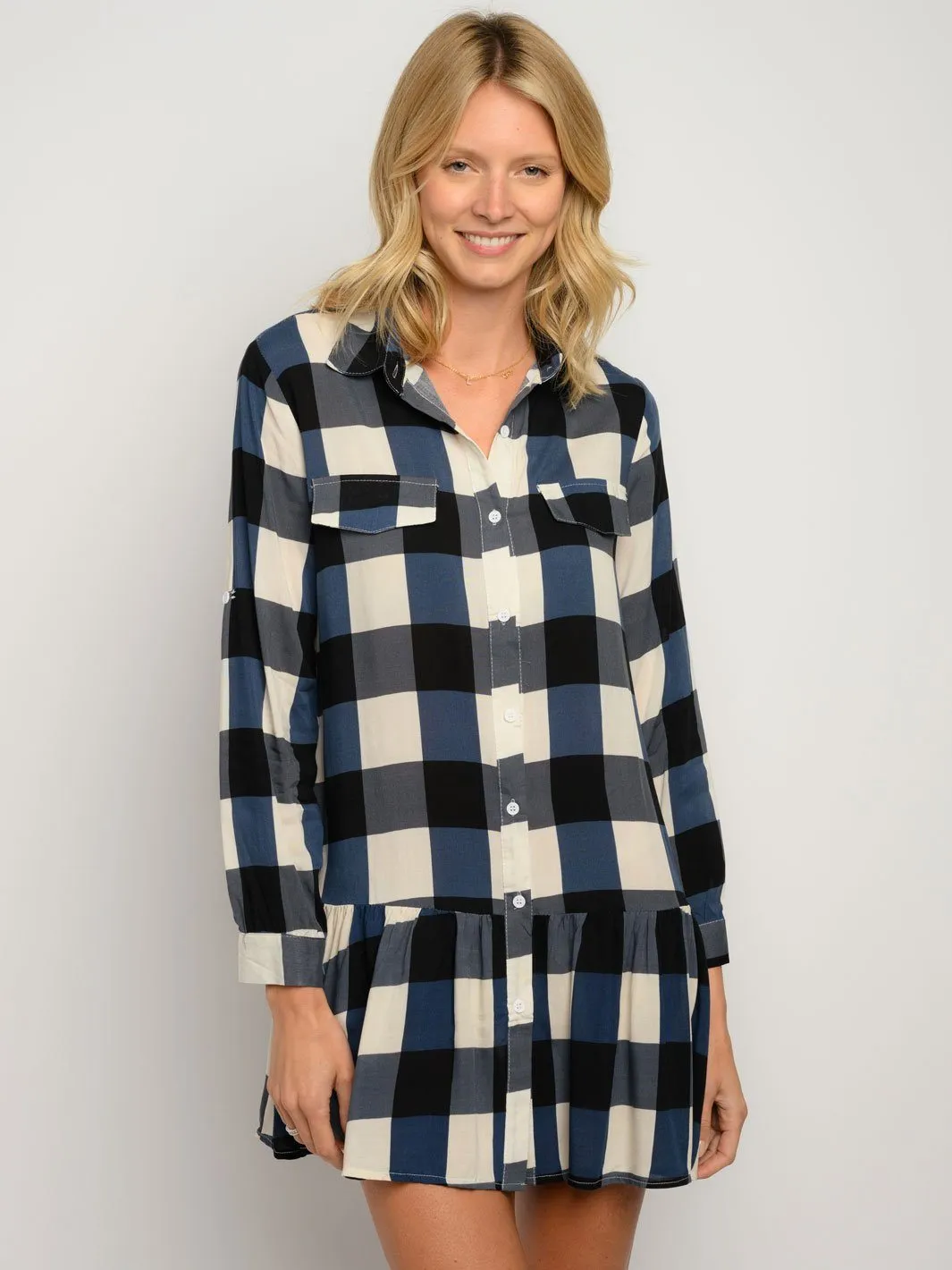 WOMEN'S LONG SLEEVE PLAID BUTTON UP MINI DRESS