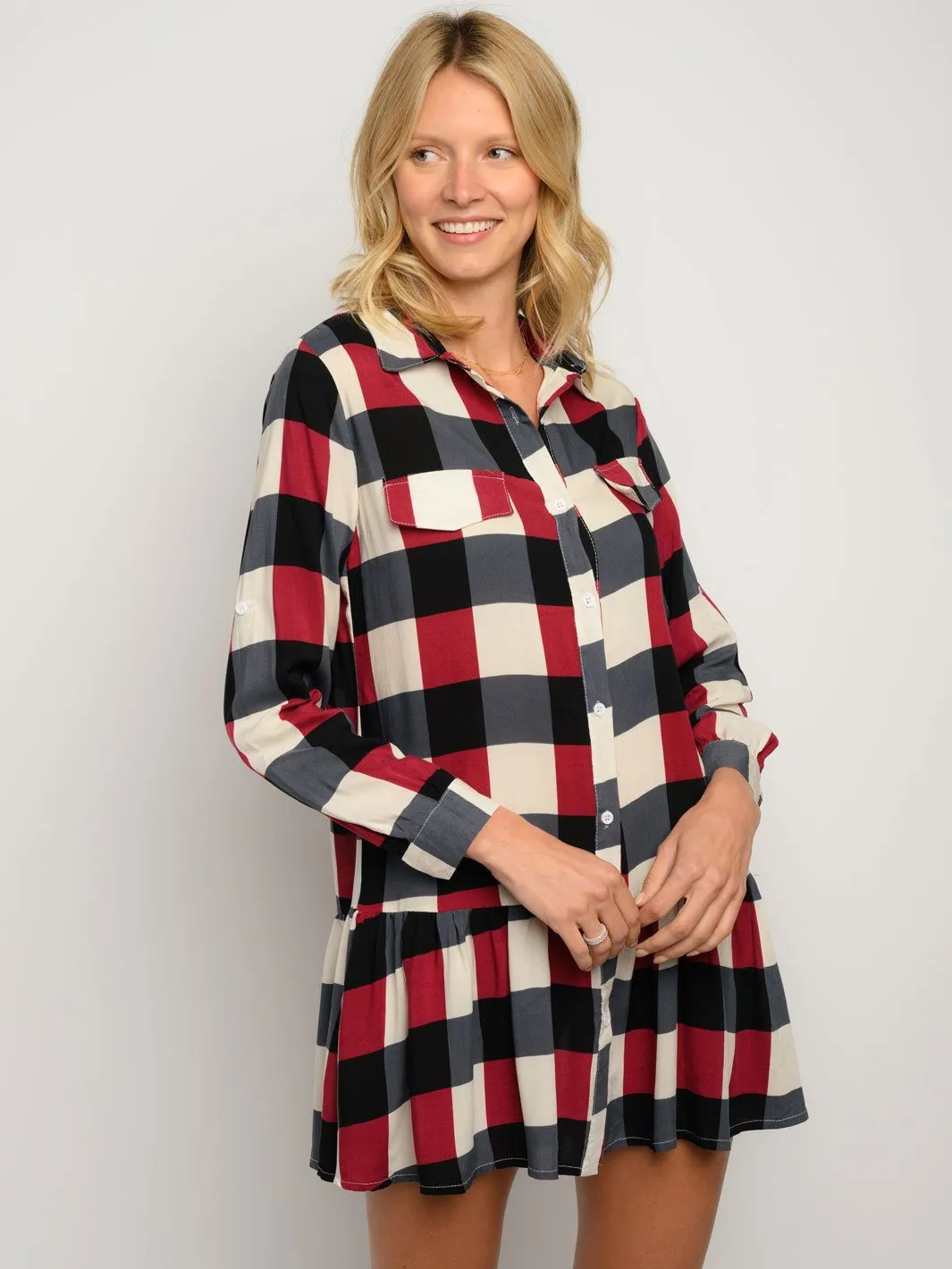 WOMEN'S LONG SLEEVE PLAID BUTTON UP MINI DRESS