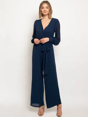 WOMEN'S LONG SLEEVE SURPLICE SELF TIE WIDE LEG JUMPSUIT