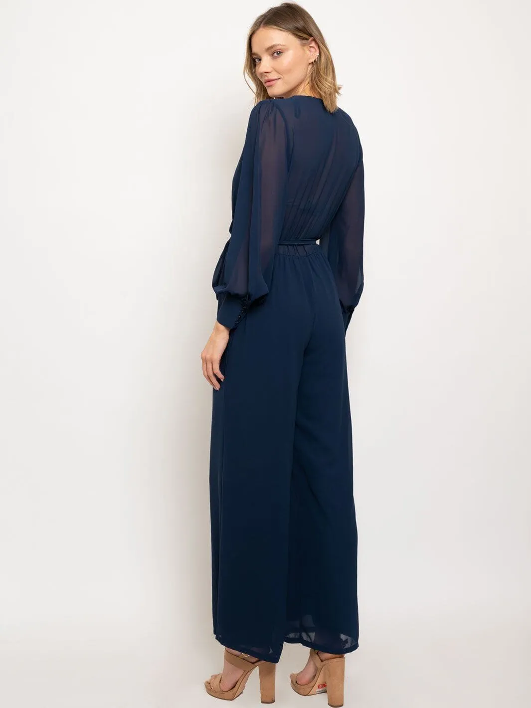 WOMEN'S LONG SLEEVE SURPLICE SELF TIE WIDE LEG JUMPSUIT