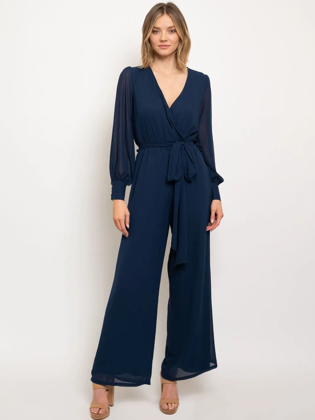 WOMEN'S LONG SLEEVE SURPLICE SELF TIE WIDE LEG JUMPSUIT