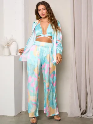 WOMEN'S LONG SLEEVE W/BRA & WIDEL LEG PANTS PRINTED 3PC. SET