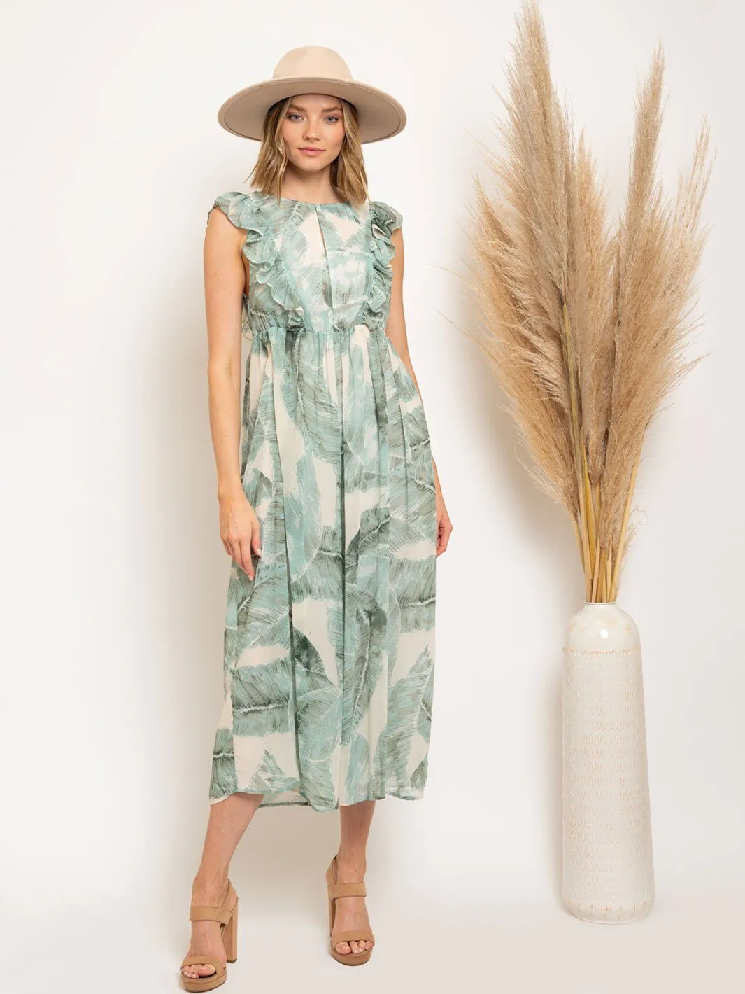 WOMEN'S OPEN BACK LEAF PRINT JUMPSUIT