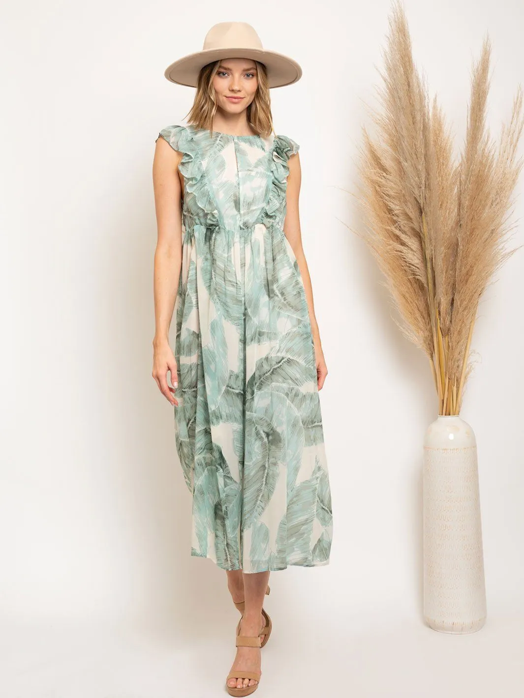 WOMEN'S OPEN BACK LEAF PRINT JUMPSUIT