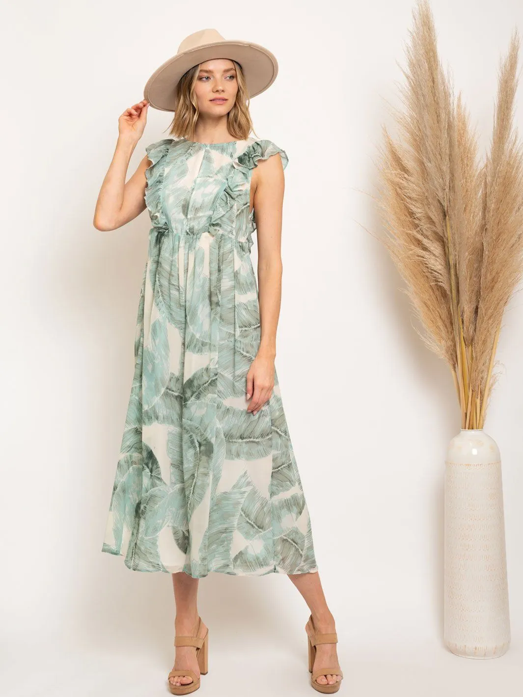 WOMEN'S OPEN BACK LEAF PRINT JUMPSUIT