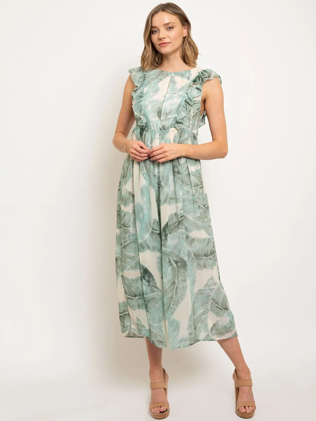 WOMEN'S OPEN BACK LEAF PRINT JUMPSUIT