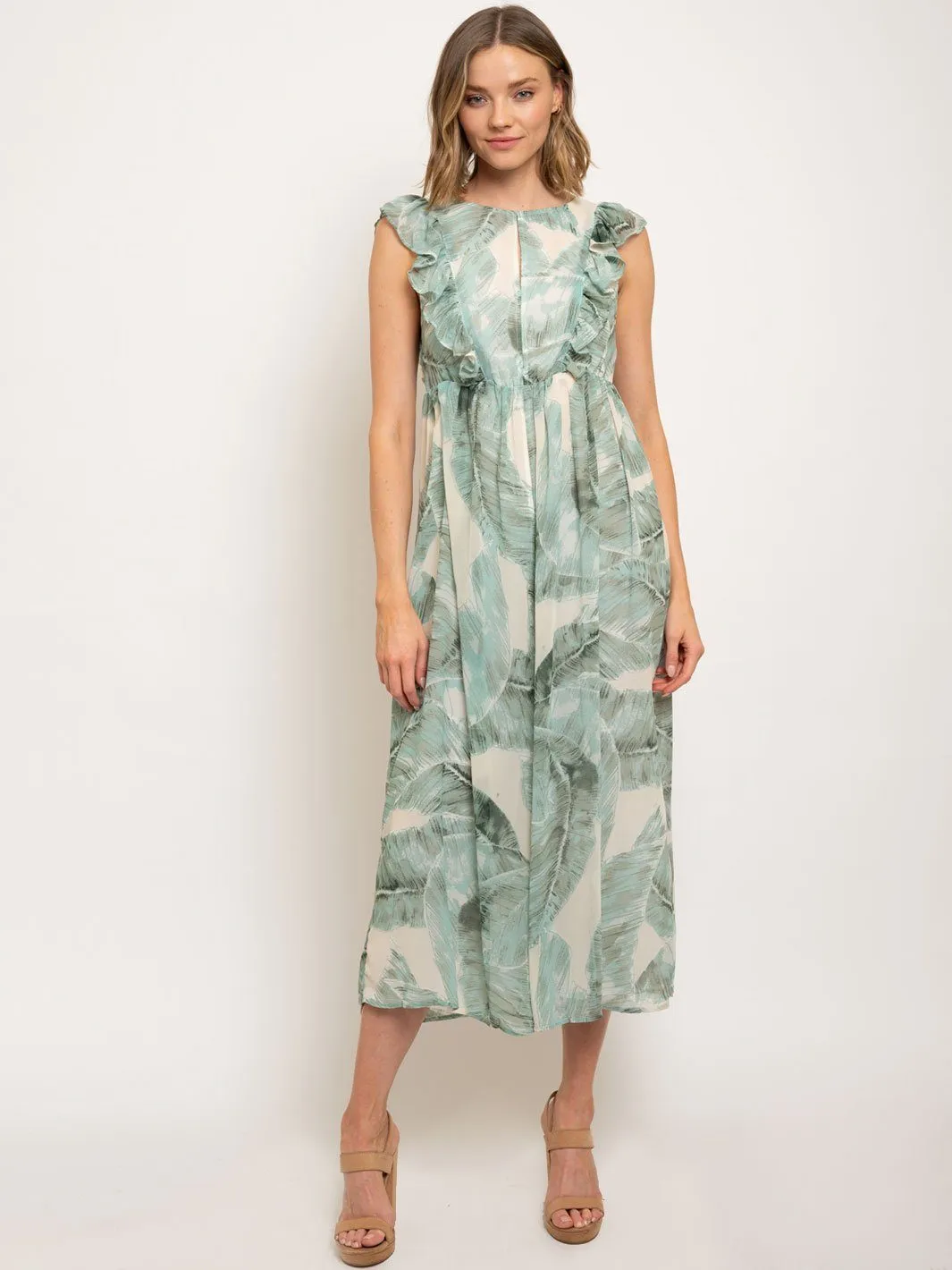 WOMEN'S OPEN BACK LEAF PRINT JUMPSUIT