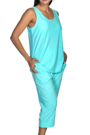 Women's Pajama Set Cotton Aqua Blue Tank Top and Capri Lounge Pants