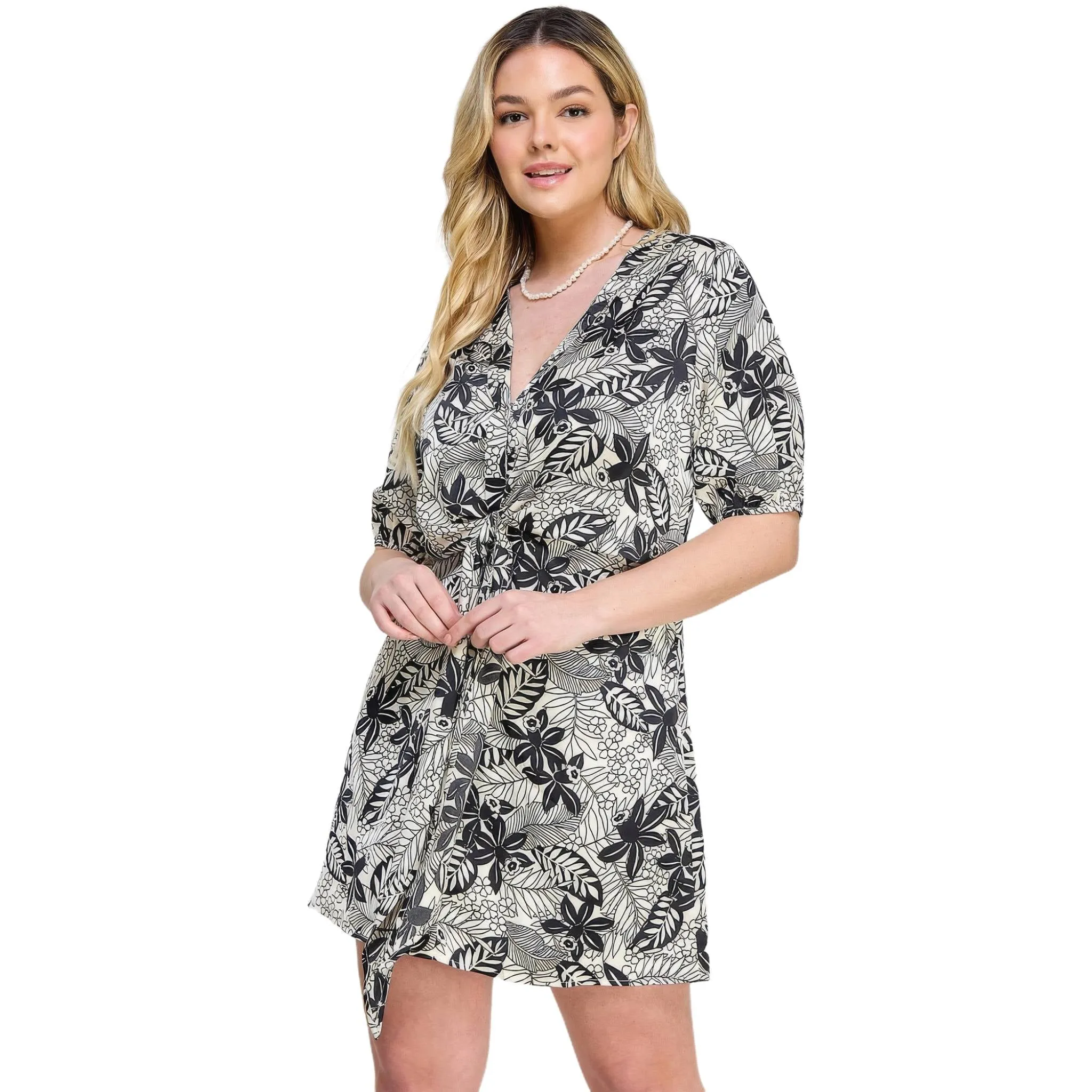 Women's Plus Size Botanical Print Front Tie Dress