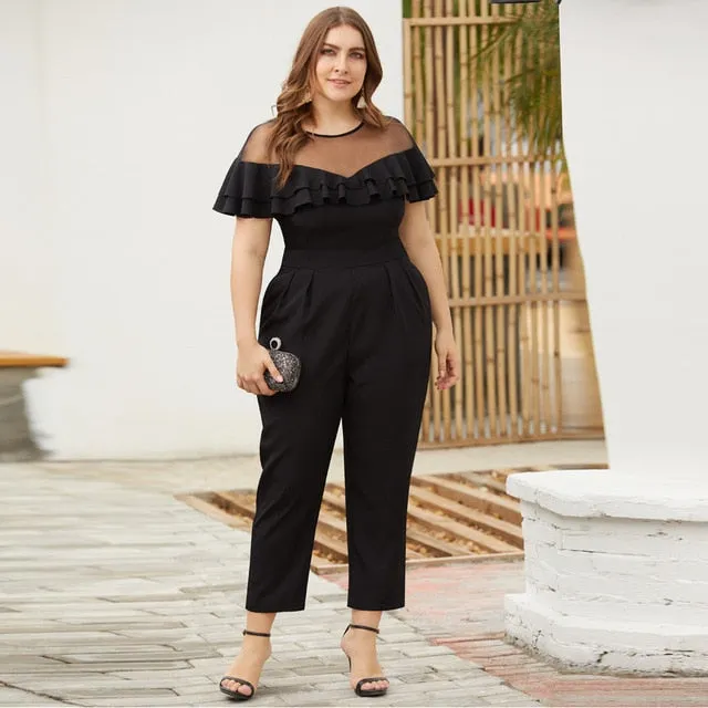 Women's Plus Size Jumpsuit Ruffled Short-Sleeved  Long Length Rompers Jumpsuit